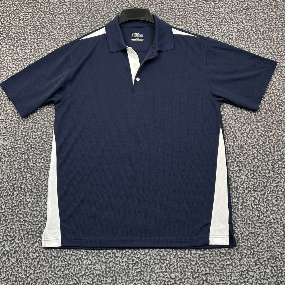PGA Tour‎ Mens Medium Navy Blue White Short Sleeve Golf Polo Shirt Collared